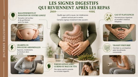Principaux symptômes d’une intolérance alimentaire  ballonnements, gaz, douleurs abdominales et transit perturbé - Herboristerie Sensathé